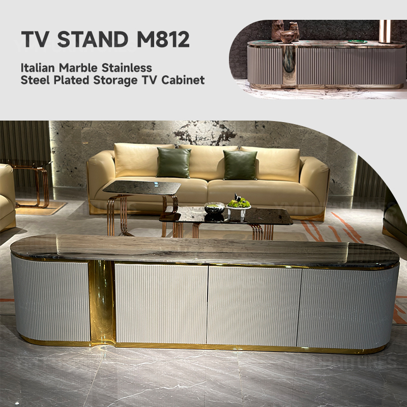 Móvel de Armazenamento para Sala de Estar Personalizado com Tampo de Mármore e Linha Dourada, Estante de TV de Madeira