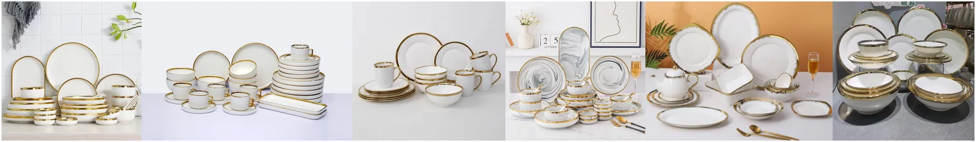 32-Piece Conjunto de Louça com Design de Borda Dourada em Porcelana Cerâmica