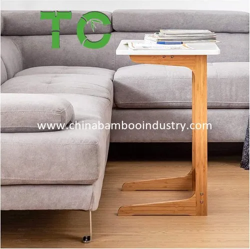 Mesa de bandeja de bambu por atacado, mesa de sofá, mesa lateral de sofá, mesa de laptop, mesa de lanche, mesa lateral de cama moderna para móveis de escritório em casa, formato L