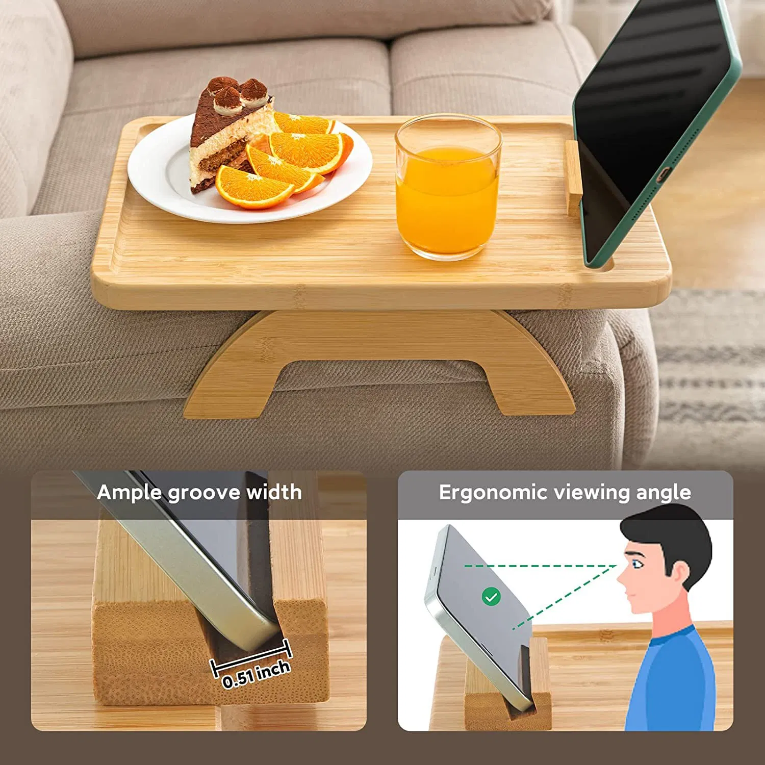 Mesa de bandeja de bambu para sofá, mesa lateral para sofás largos, bandeja dobrável para sofá com suporte rotativo para telefone, mesa de apoio para comer, bebidas e lanches