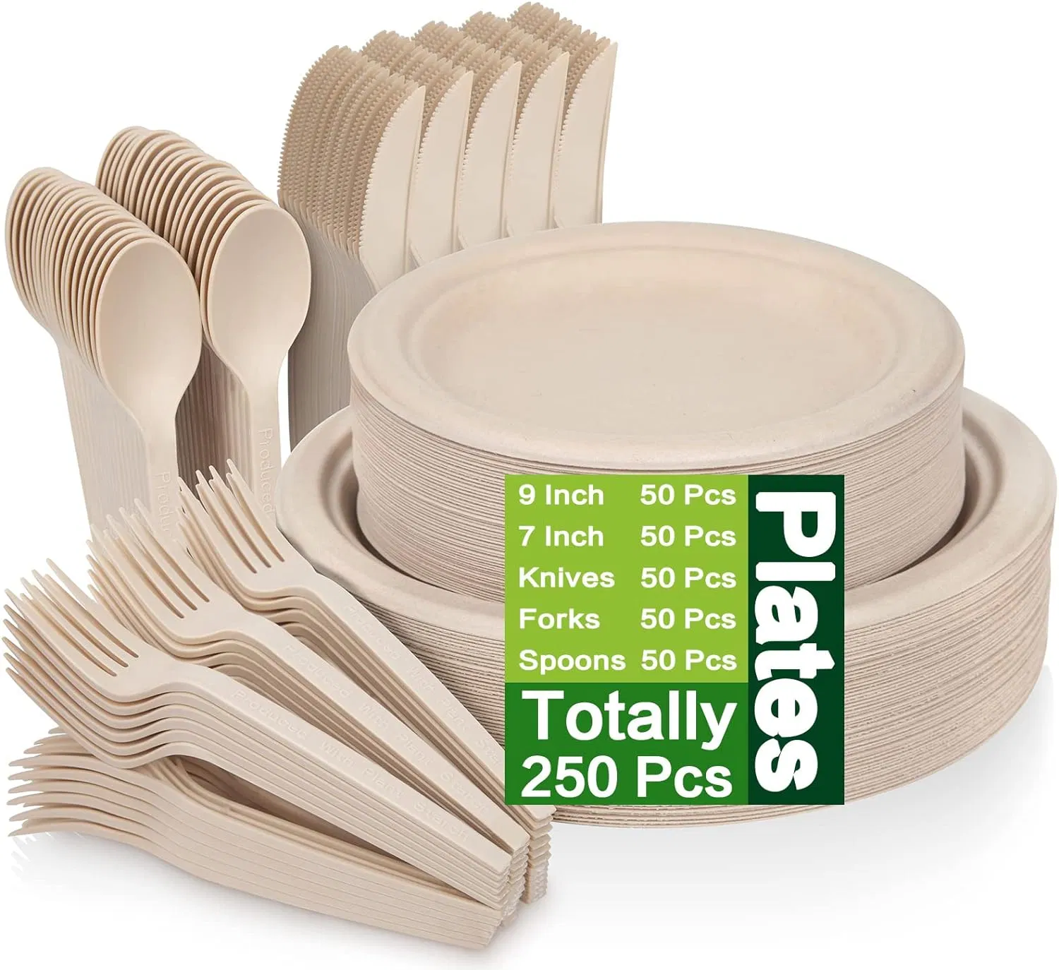 Conjunto de Louça Descartável de Bagasse de Bambu Ecológico por Atacado Fornecedor de Utensílios Biodegradáveis