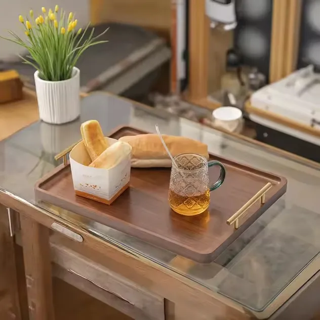 Bandeja de Madeira de Alta Qualidade com Alças de Metal Douradas para Cozinha, Mesa de Café, Jantar e Alimentos