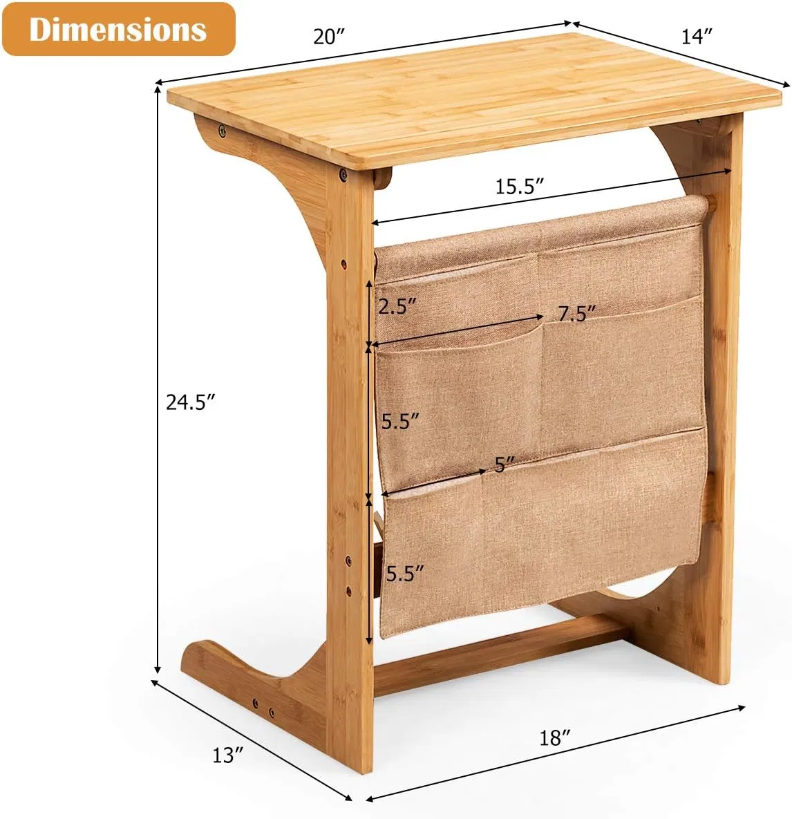 Mesa Lateral de Sofá C em Bambu Multifuncional para Quarto