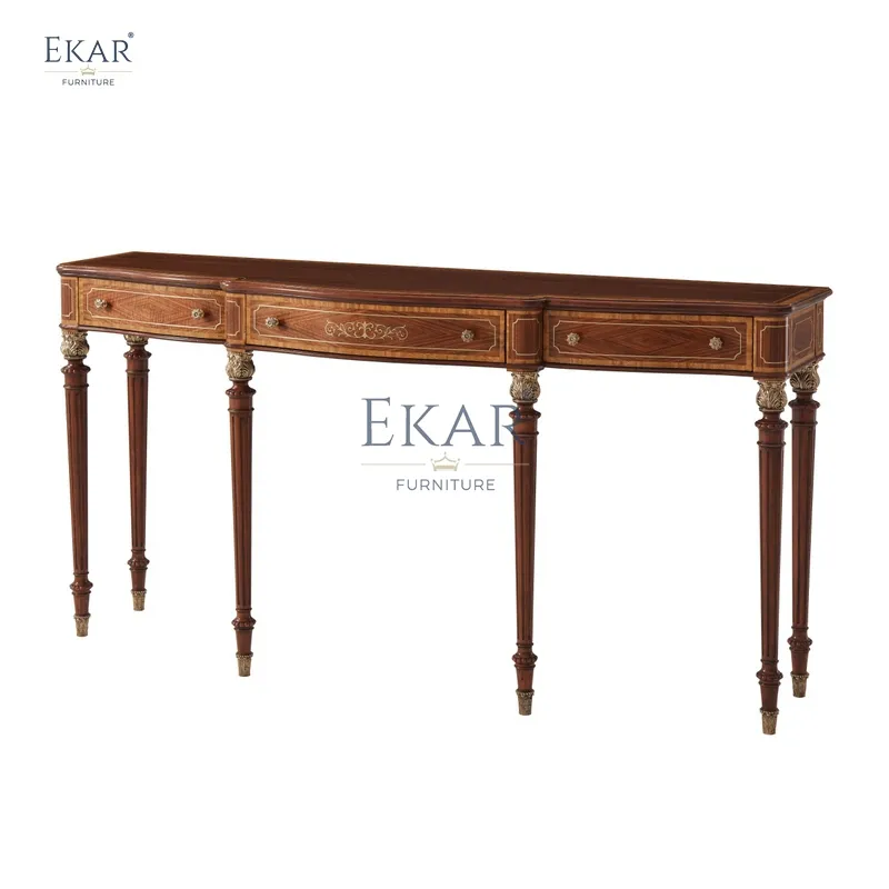 Mesa de Consola de Madeira Sólida Clássica para Entrada com Armazenamento e Design Intricado