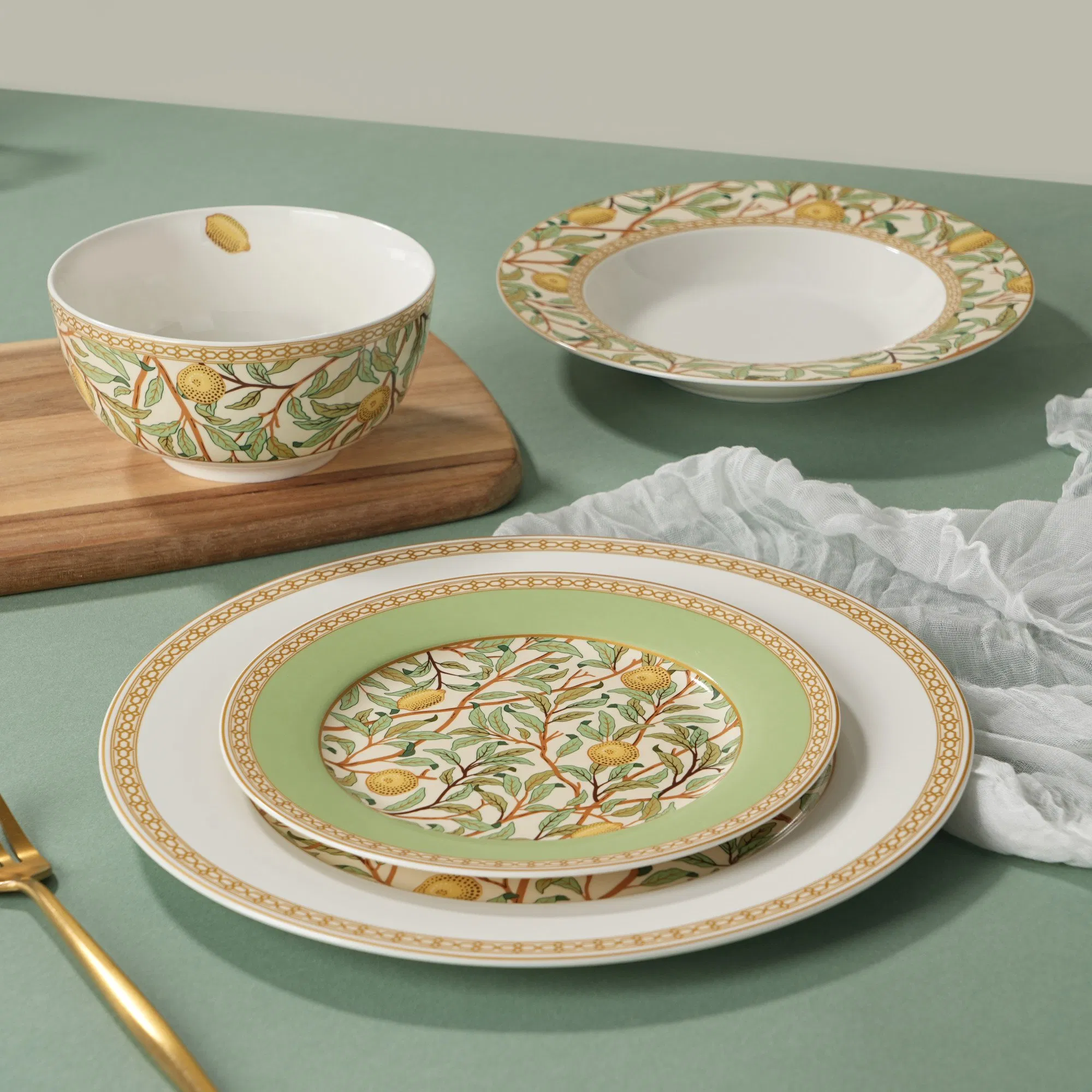 Conjunto de Louça de Cerâmica Mediterrânea com Limão 24PCS Estilo Italiano Pratos e Tigelas Botânicos de Porcelana Conjunto de Louça Amarelo Fruta Folha Verde para 6