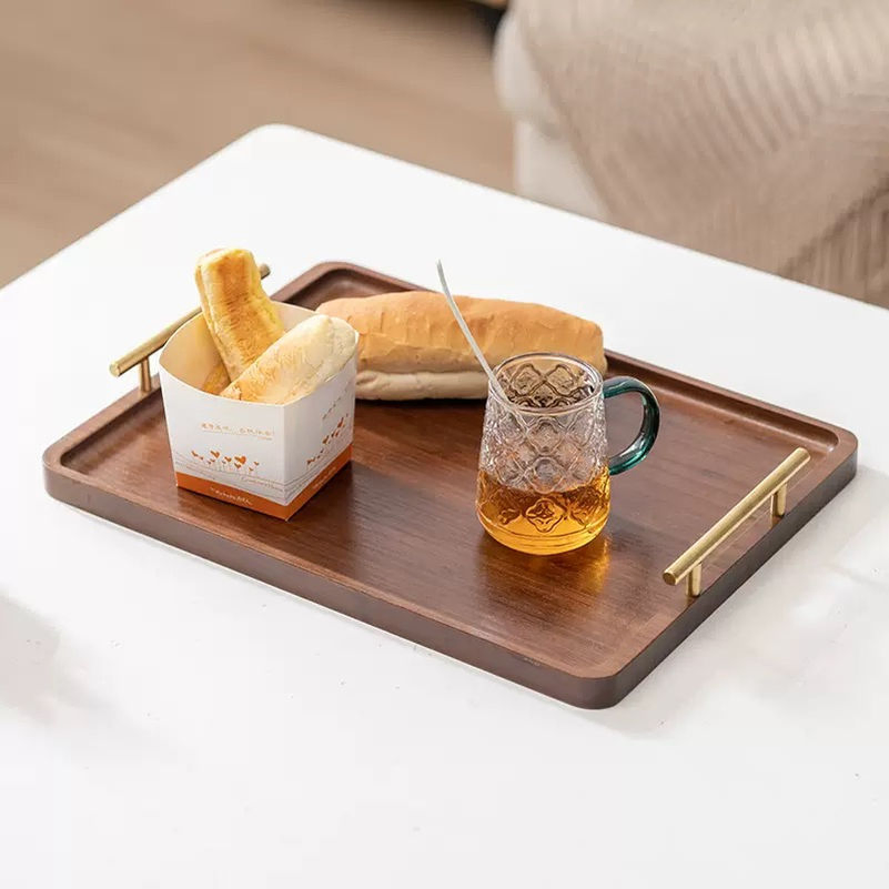 Bandeja de Madeira de Alta Qualidade com Alças de Metal Douradas para Cozinha, Mesa de Café, Jantar e Alimentos