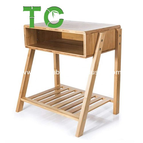 Mesa Lateral de Bambu Natural com Armazenamento Aberto e Prateleira