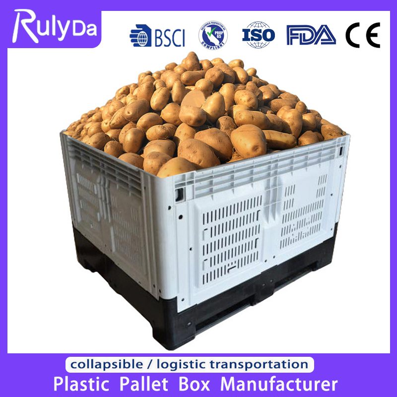 Caixas de Palete Dobráveis Empilháveis de HDPE com Rede de Malha Ventilada para Armazenamento em Armazém na Agricultura para Legumes e Frutas