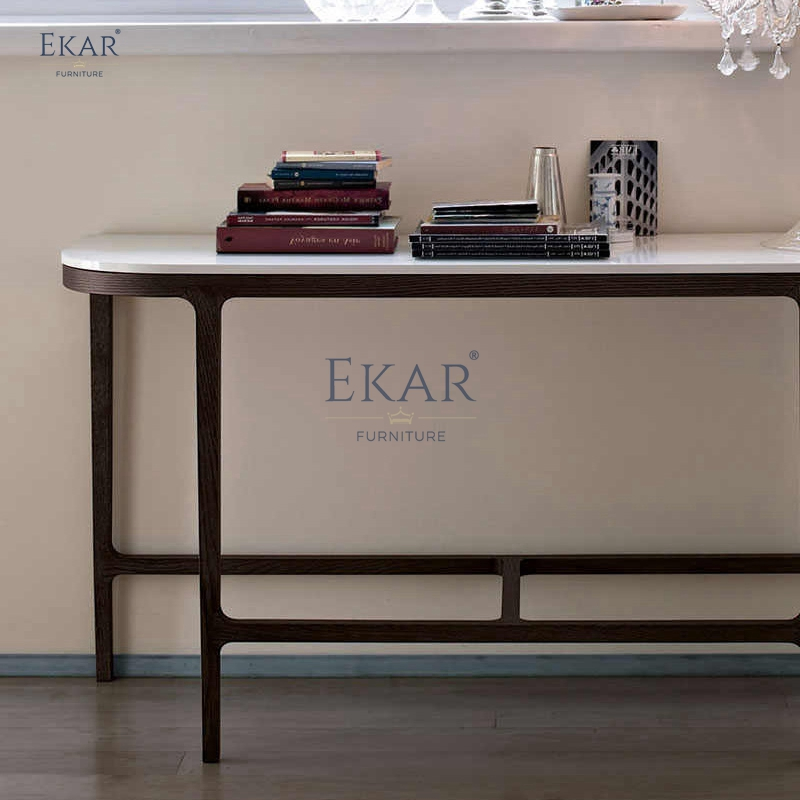 Mesa de Consola com Pé de Madeira e Topo de Mármore para Entrada Moderna ou Sala de Estar