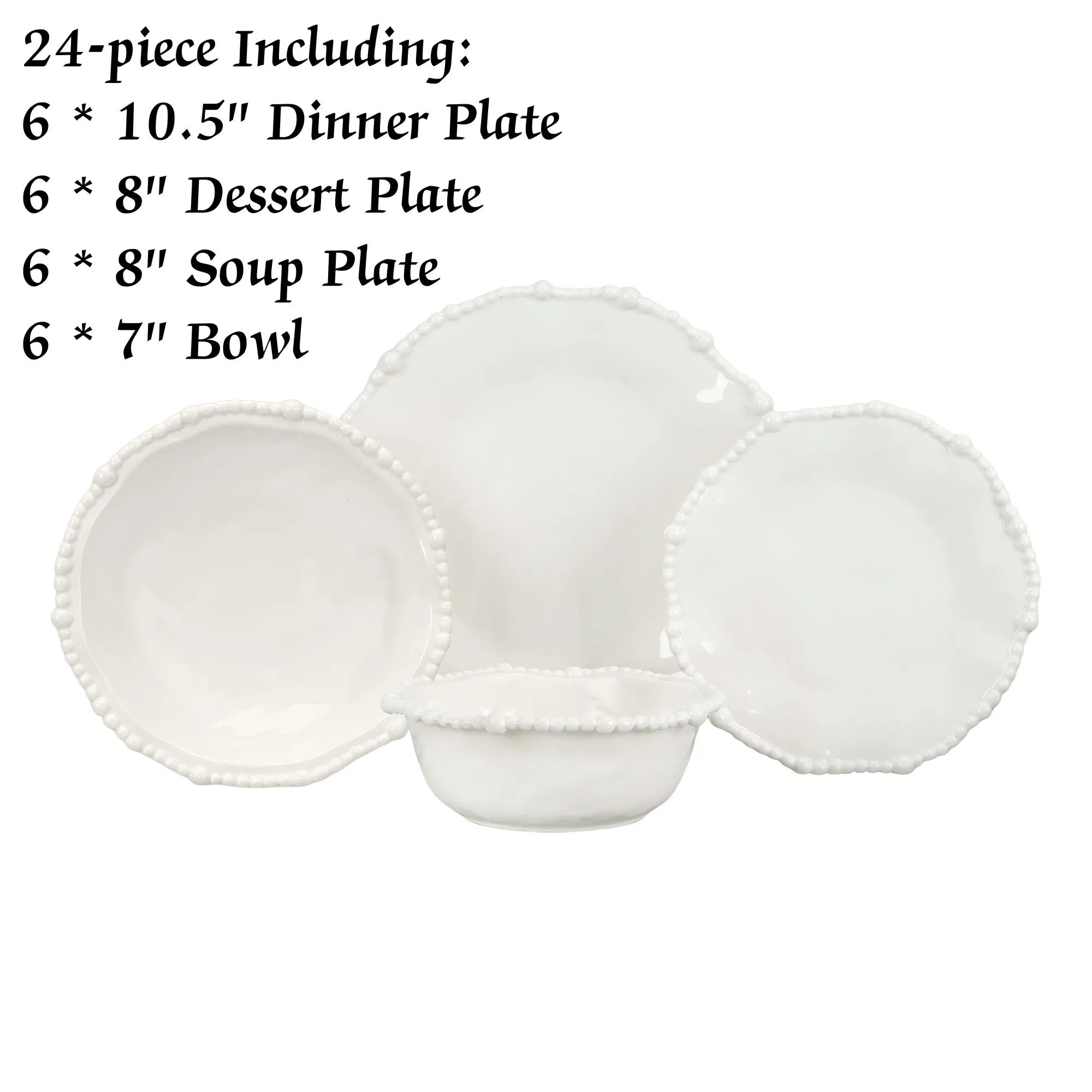 Conjunto de Louça de Cerâmica Branca com Borda de Pérolas Luxuosa 24PCS Pratos e Tigelas de Porcelana em Forma Orgânica, Utensílios de Mesa Irregulares para Casamento