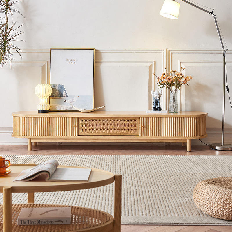 Aparador de TV de Madeira Moderna com Armário de Rattan