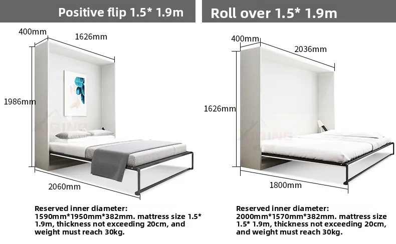 Camas Murphy de pernas sólidas, prontas para uso, com acessórios de estrutura de cama, design invisível