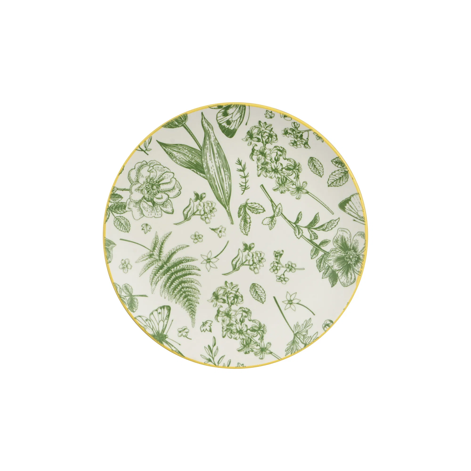 24PCS Conjunto de Louça de Cerâmica Elegante com Relevo de Folhas em Porcelana, Pratos e Tigelas em Verde Botânico com Impressão Floral em Pad para 6 Pessoas