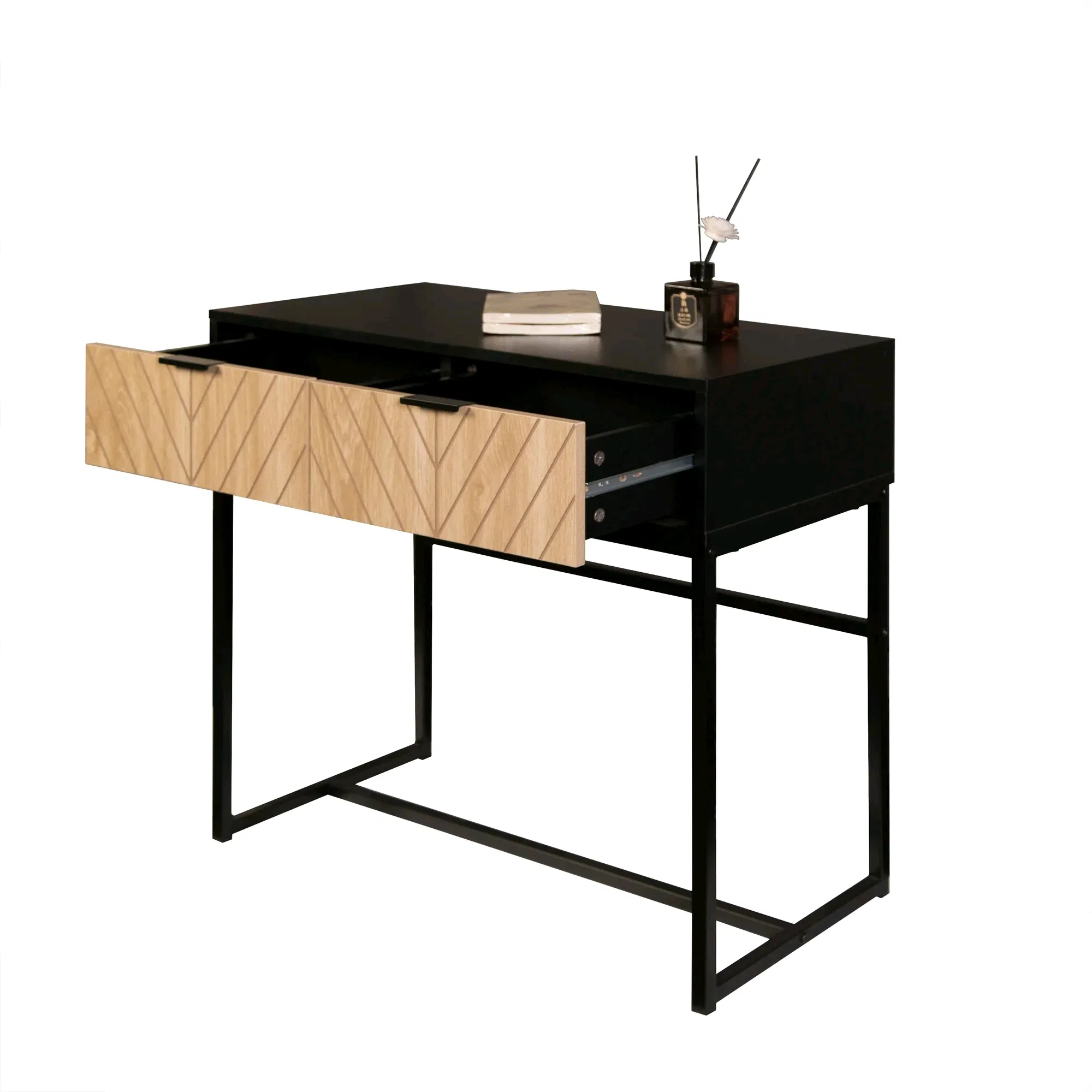 Mesa de Consola de Entrada Industrial Moderna com 2 Gavetas Aparência de Madeira Esculpida com Motivo Chevron em Metal