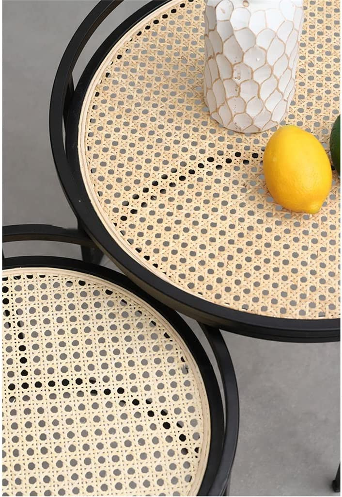 Mesa de Café Lateral Moderna de Metal Redonda com Rattan e Bambu Móveis para Casa Pequena Jardim Mesas de Chá Mesa de Cabeceira