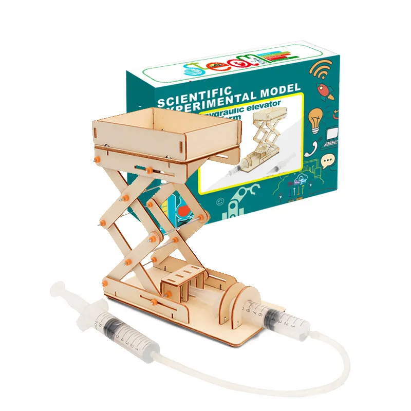 DIY Wooden Hydraulic Elevator Platform Children Handmade Building Model Toys Stem Fun Science Experiment Kit for Kids Gift