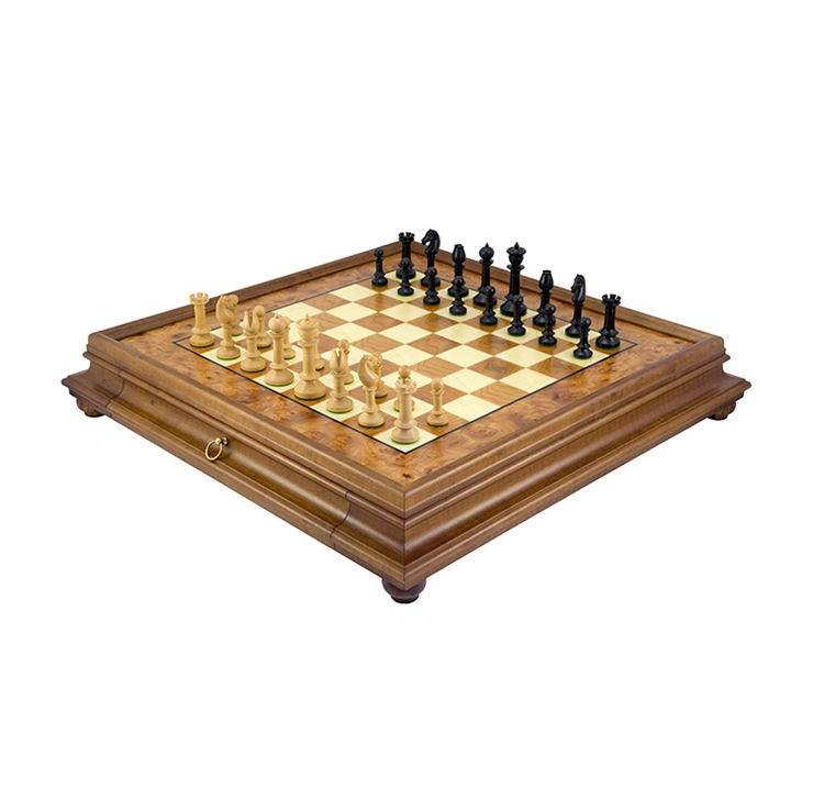Factory Hot Sale Custom Wood Carving Chess with Drawers Pieces Board Game Set with Wooden Packaging Box for Sale