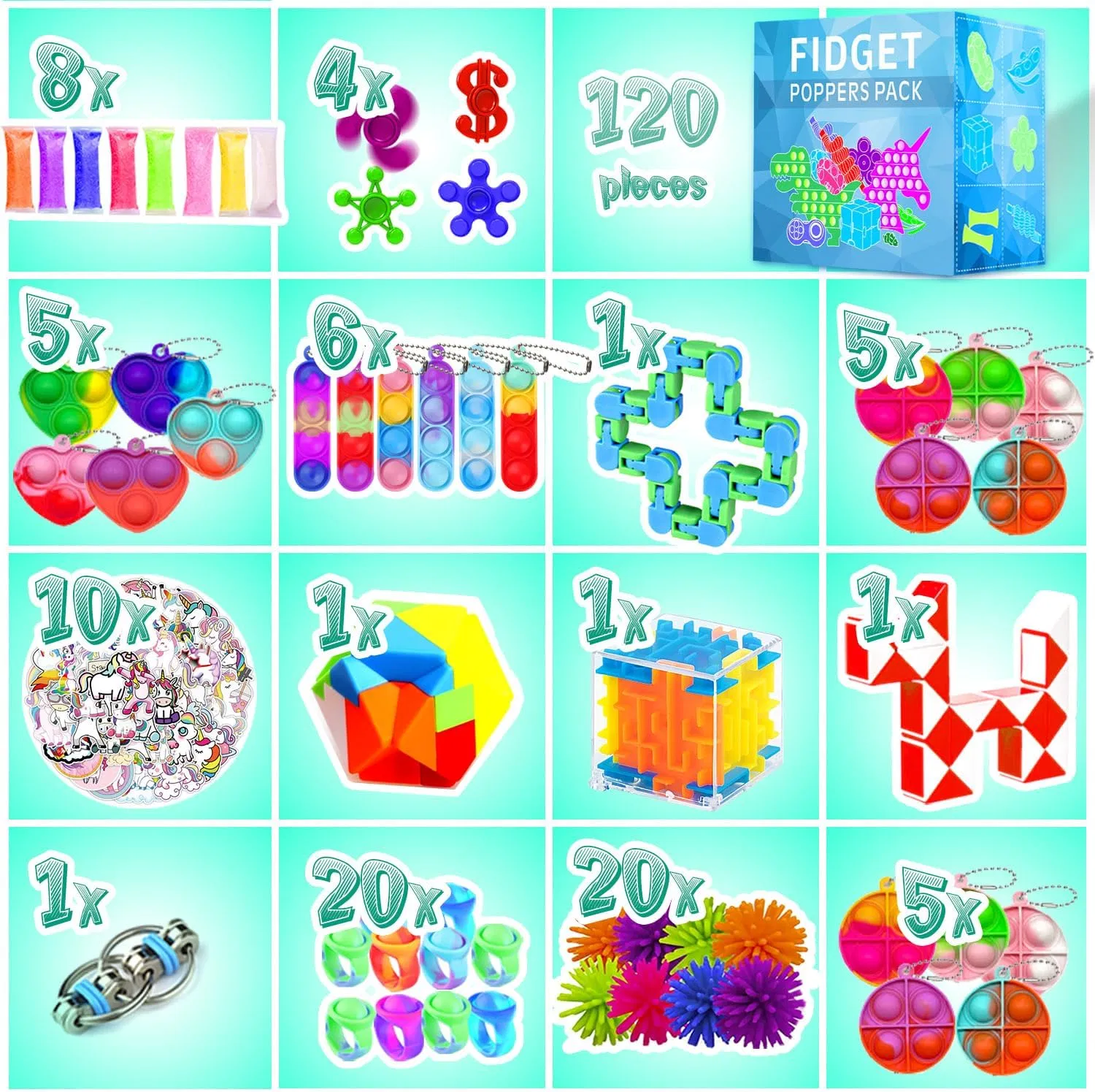 120 Pack Fidgets Set Stocking Stuffers for Kids Party Favors Autism Sensory Toy Bulk Adults Kids Boys Girls Teens Stress Autistic Adhd Anxiety Carnival Treasure