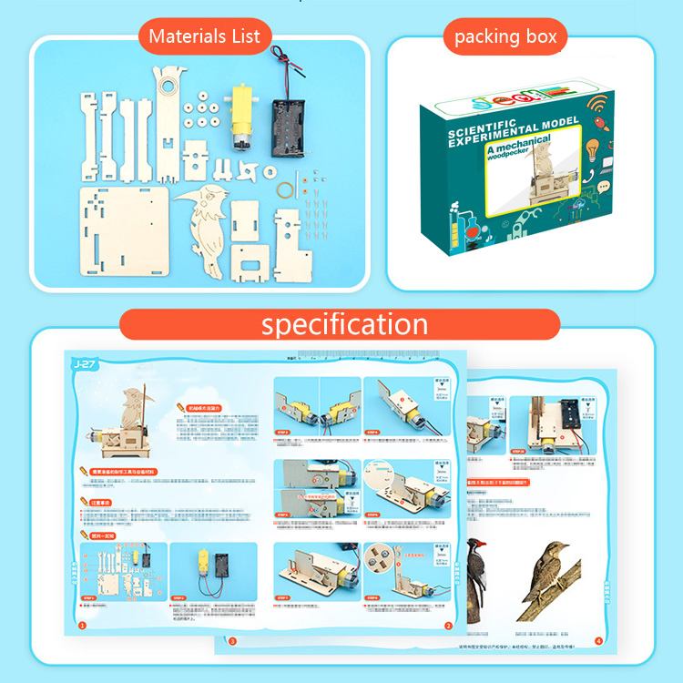 DIY Wooden Mechanical Woodpecker Children Handmade Building Model Toys Stem Fun Science Experiment Kit for Kids Gift