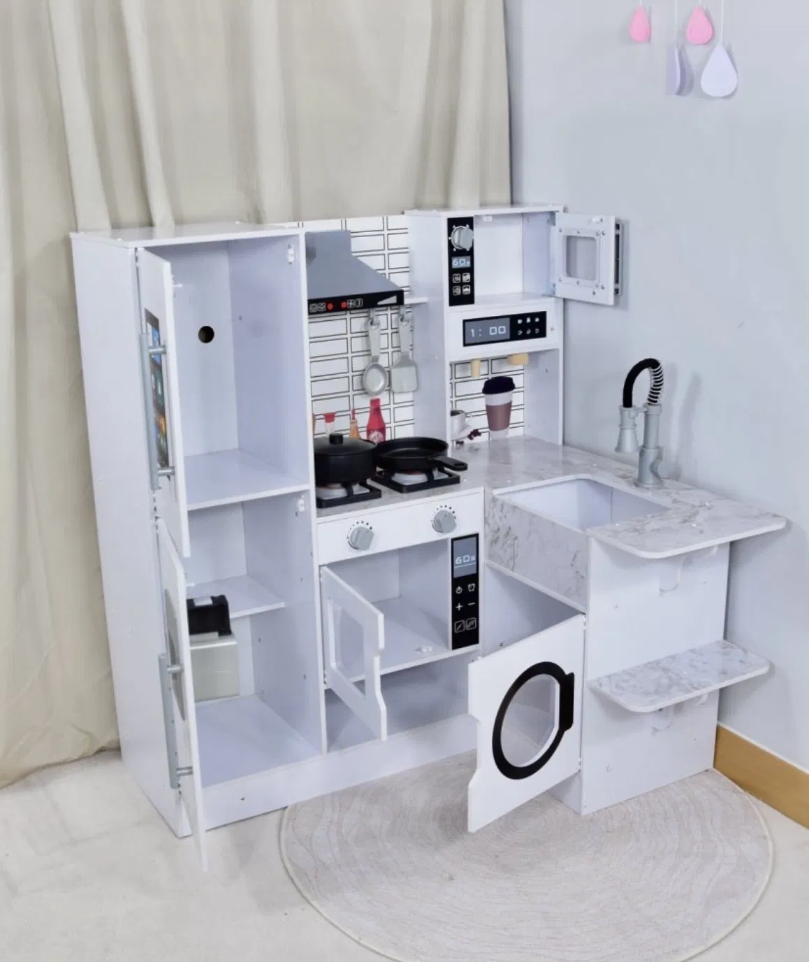 Corner Play Kitchen Wooden Playset Toy with Lights and Sounds