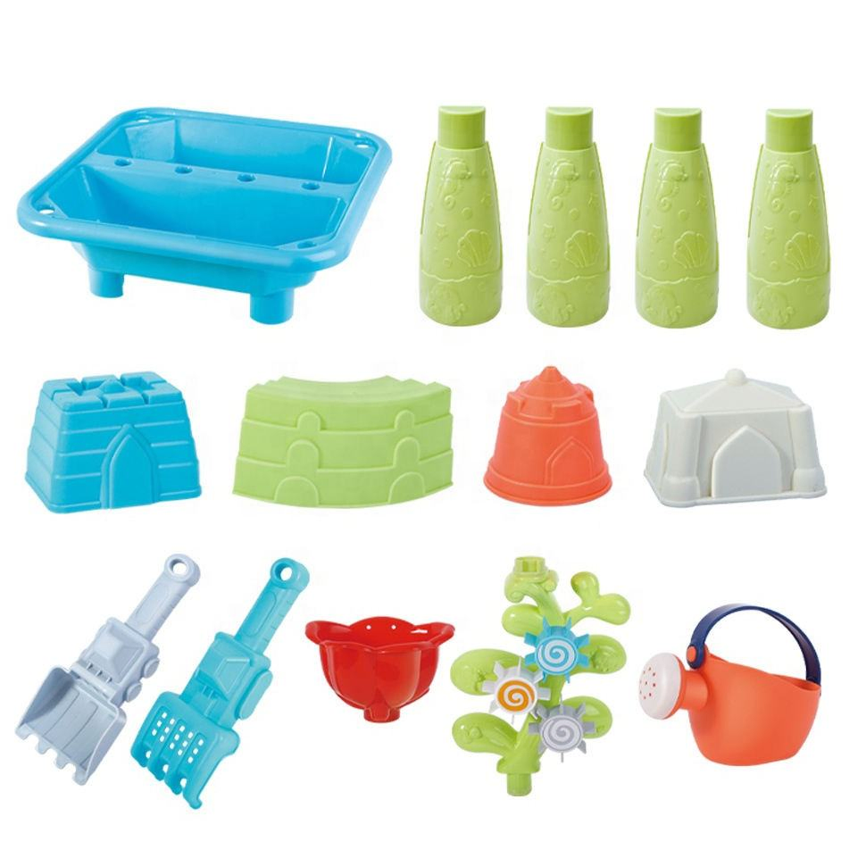 Samtoy 14PCS Plastic Kids Summer Outdoor Beach Toys Sand Activity Table Water Play Table with Windmilland Molds Summer Toy Plastic Toy