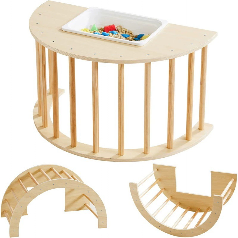 Multi-Functional Natural Wood Sensory Table Climbing Arch Rocking Play Set Toy for Kids