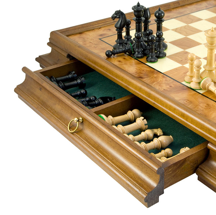 Factory Hot Sale Custom Wood Carving Chess with Drawers Pieces Board Game Set with Wooden Packaging Box for Sale