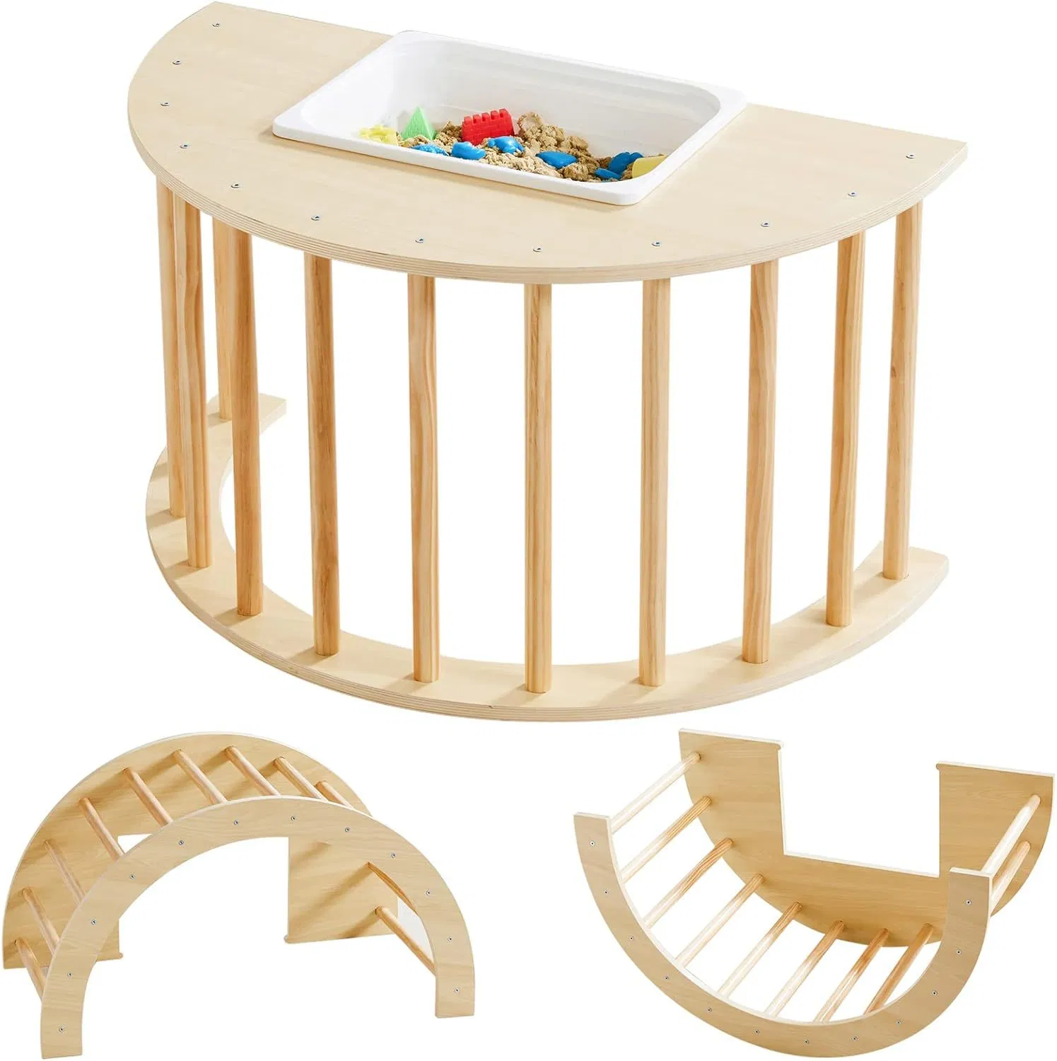 Multi-Functional Natural Wood Sensory Table Climbing Arch Rocking Play Set Toy for Kids