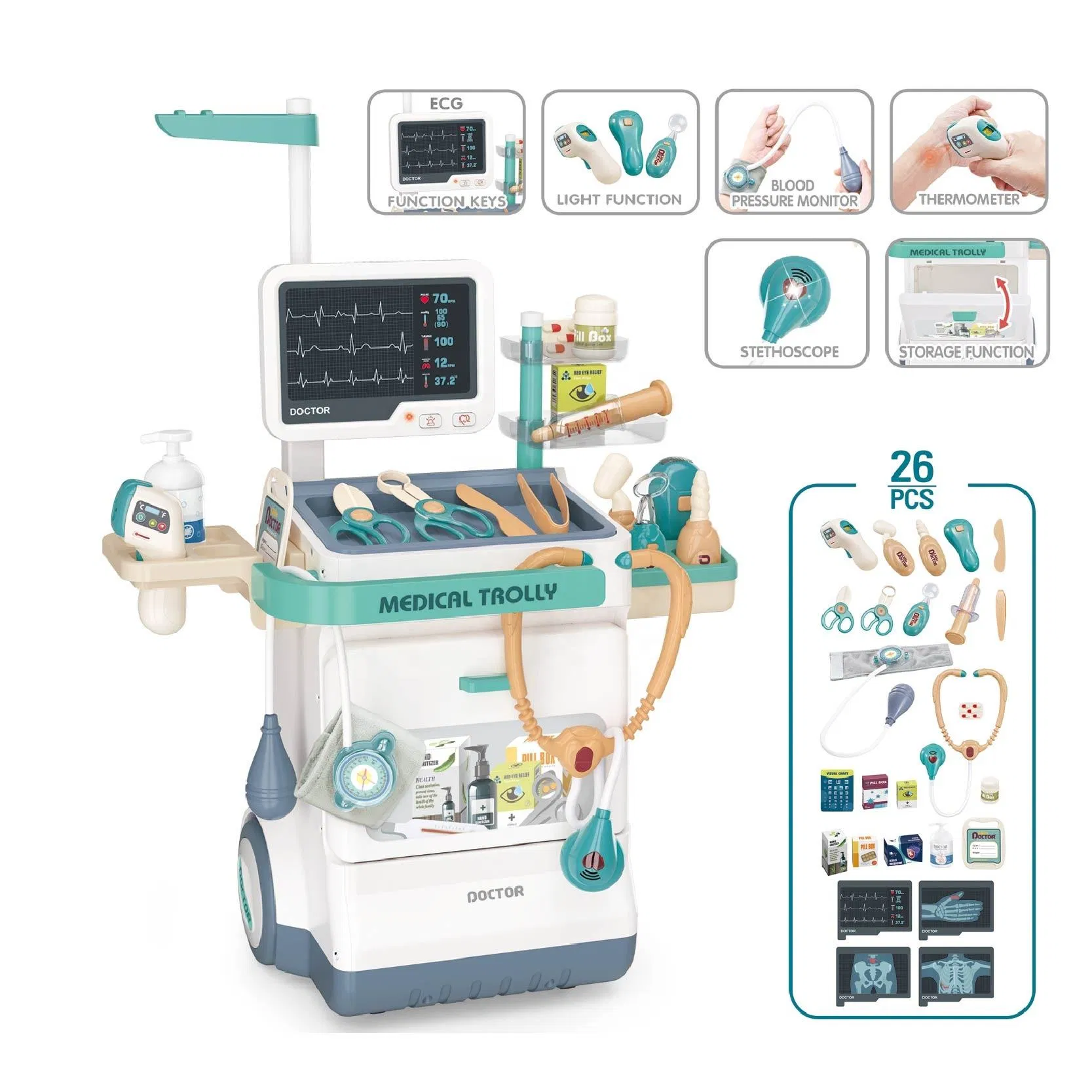 26PCS Pretend Role Play Medical Trolley Games Set Doctor Toy