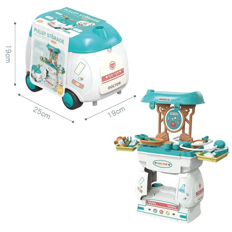 24PCS Kids Pretend Play 2 in 1 Cartoon Medicine Box Hospital Ambulance Suitcase Doctor Toys