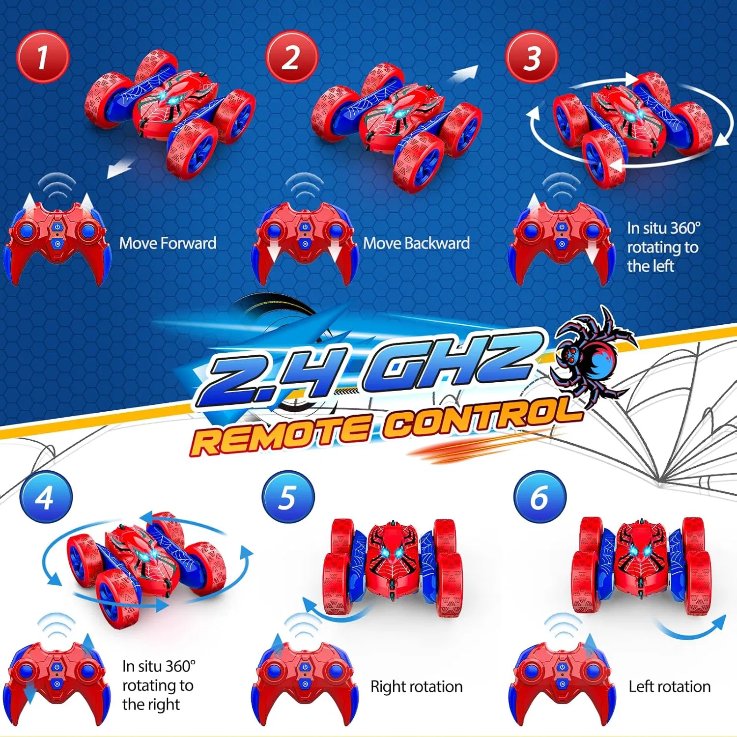 Wholesale Remote Control Spider Car, Double Sided 360° Rotating 4WD RC Cars Toys 2.4GHz Electric Rechargeable Race Stunt Cars Birthday Halloween Christmas Gift