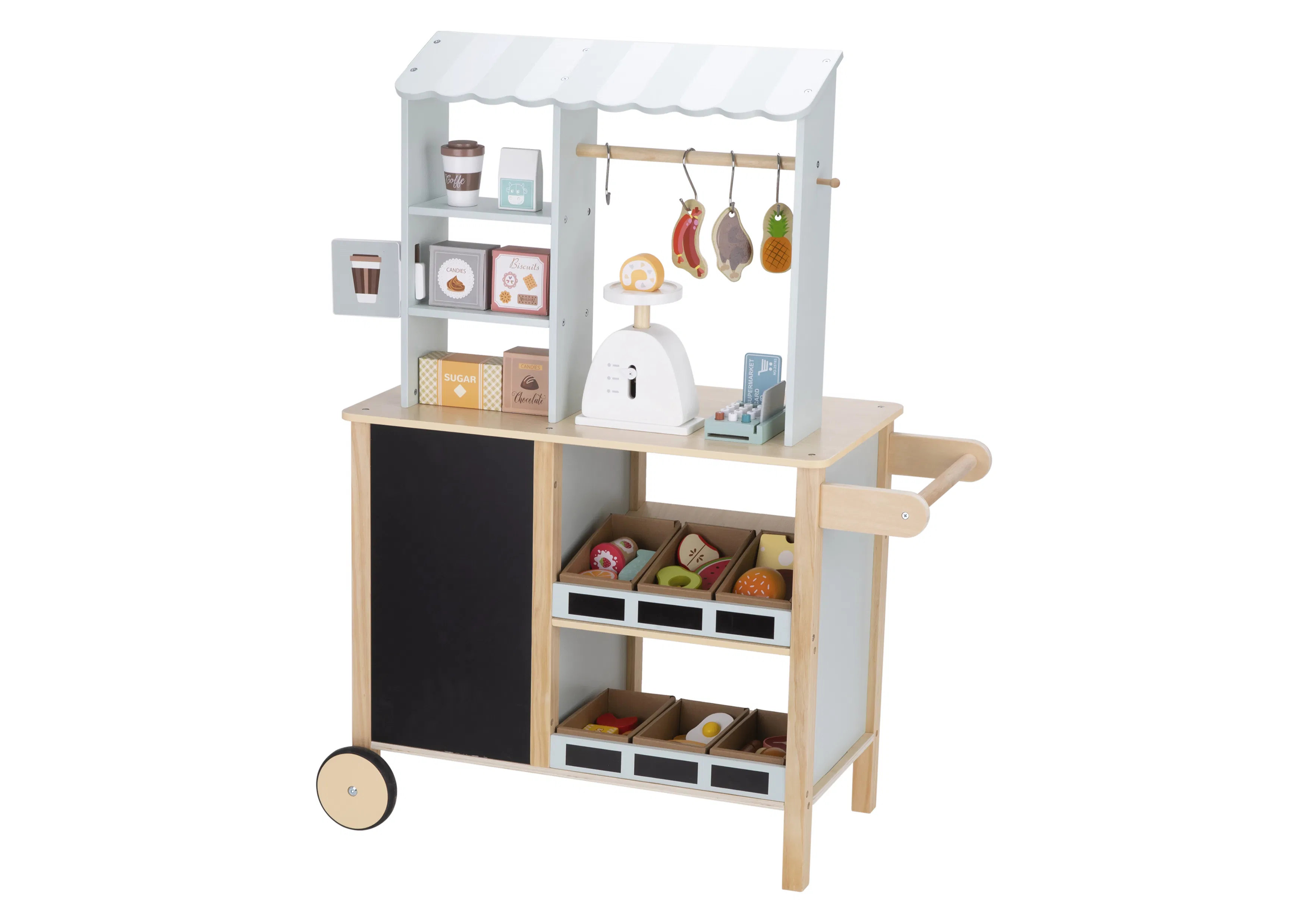 New Children Play Grocery Store Toy Wooden Pretend Toy Stall Cash Register Sale Shelf Shop Cart Trolley Set