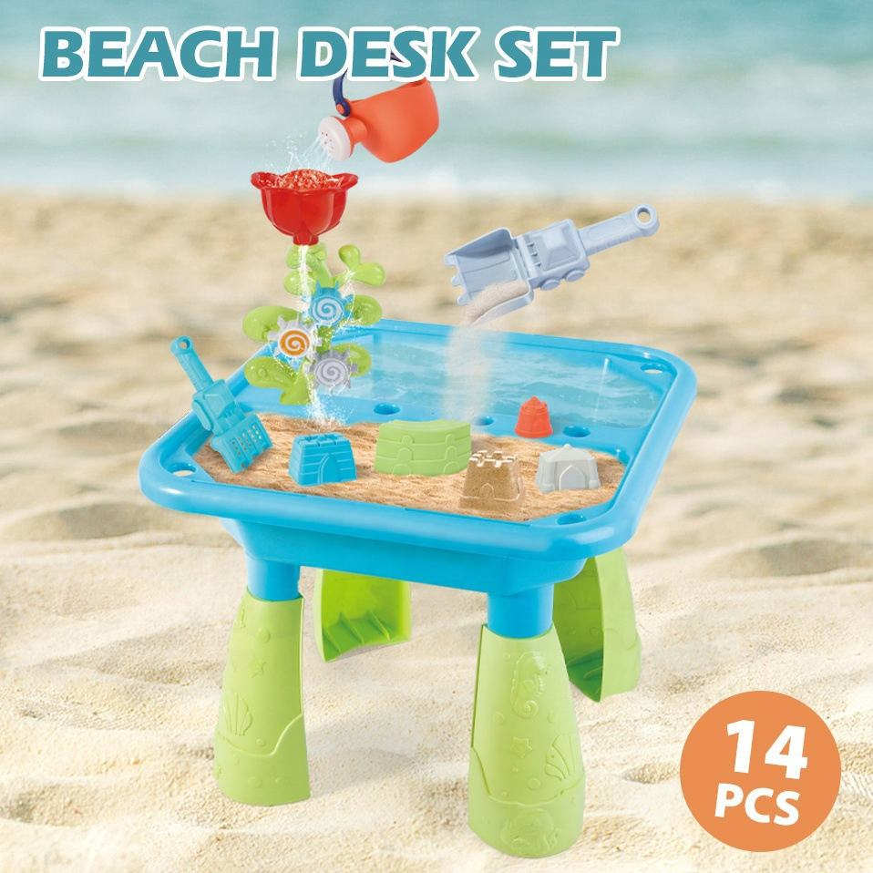 Samtoy 14PCS Plastic Kids Summer Outdoor Beach Toys Sand Activity Table Water Play Table with Windmilland Molds Summer Toy Plastic Toy