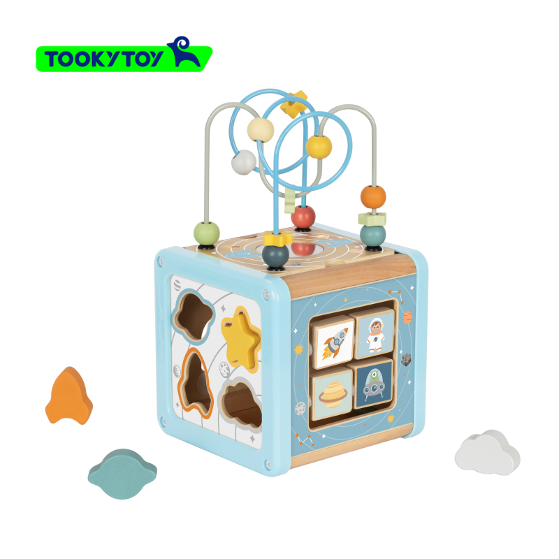 Wooden Rocket Shape Sorting Beads Maze Activity Box Toy