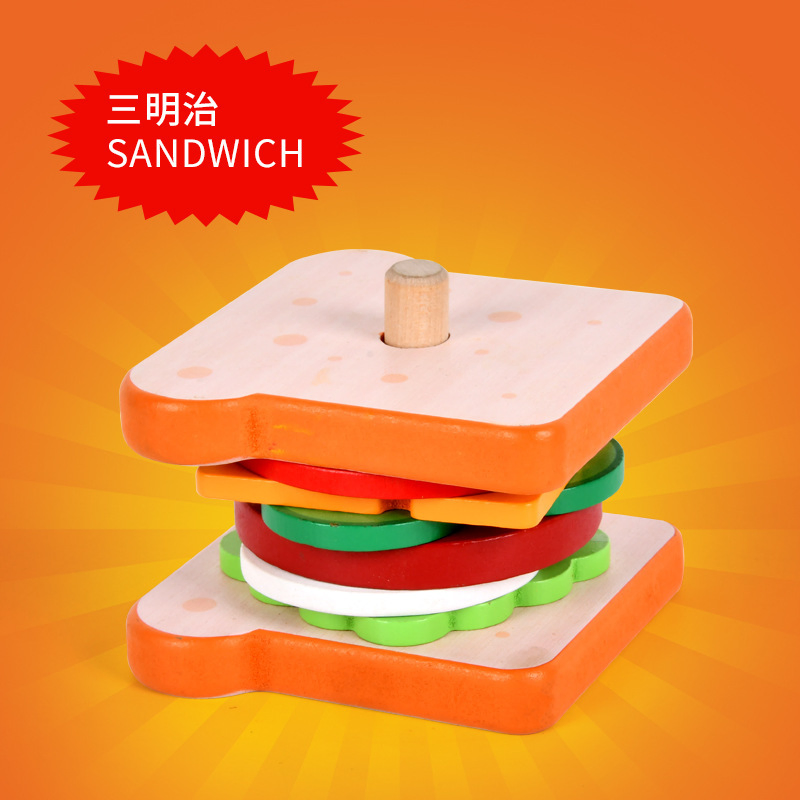 Popular Role Play Wooden Hamburger Sandwich Toys for Kids