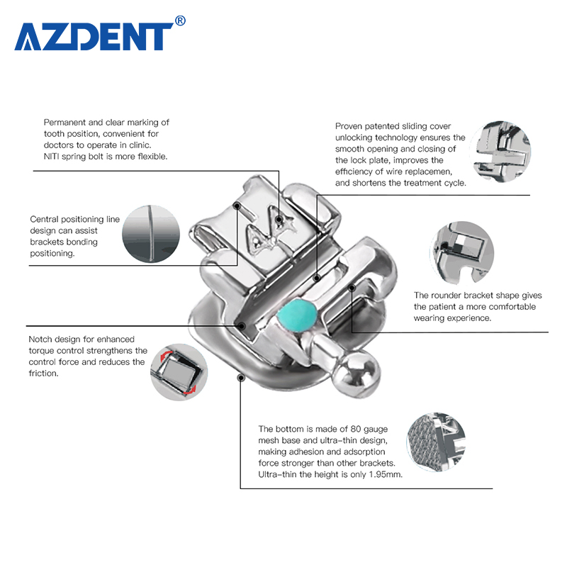 Azdent Dental Passive Self-Ligating Orthodontic Brackets Mini Mbt 022 with 1st Buccal Tube