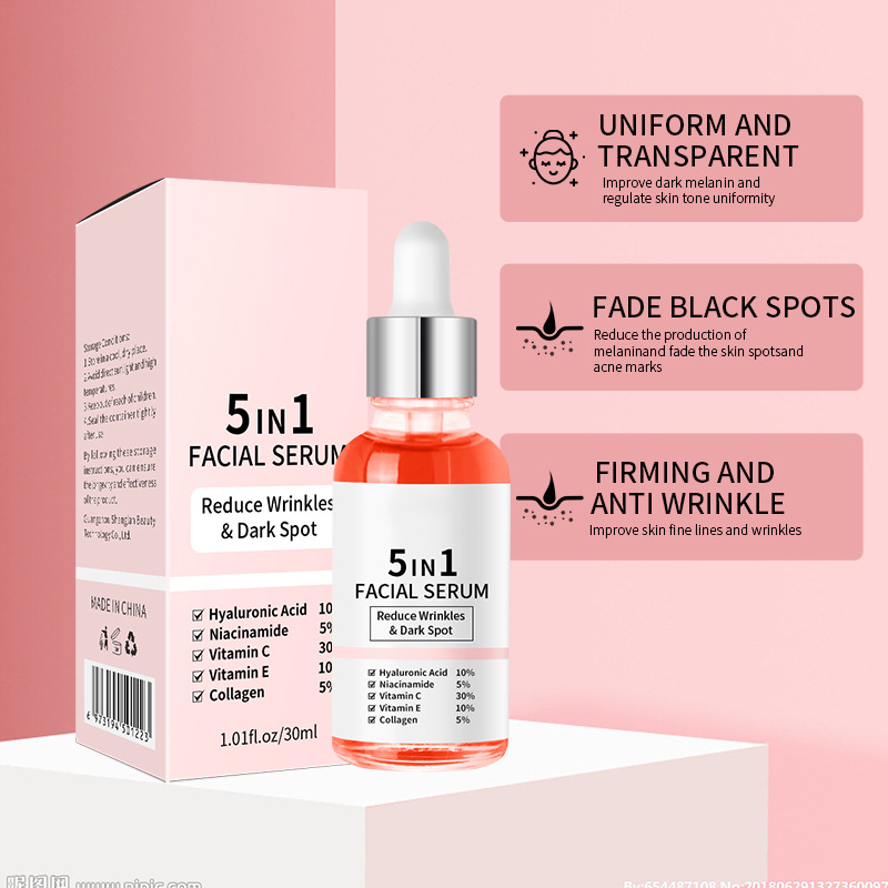 Private Label Wholesale Loq MOQ 30ML Reduce Wrinkles Dark Spot Moisturizing Hydrate Vitamin C Niacinamide 5 in 1 Facial Serum