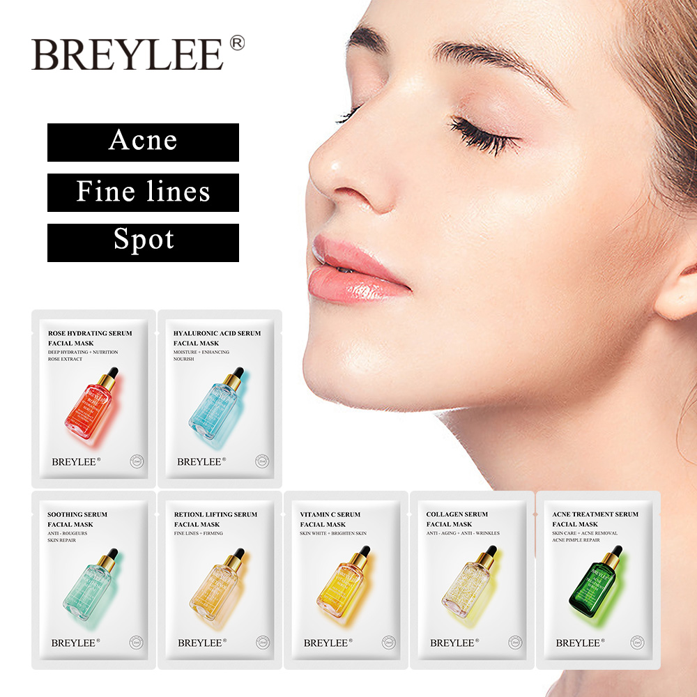 BREYLEE Natural Serum Skincare Face Mask Hydrating Anti Aging Whitening Acne Facial Mask Sheet 7 Type