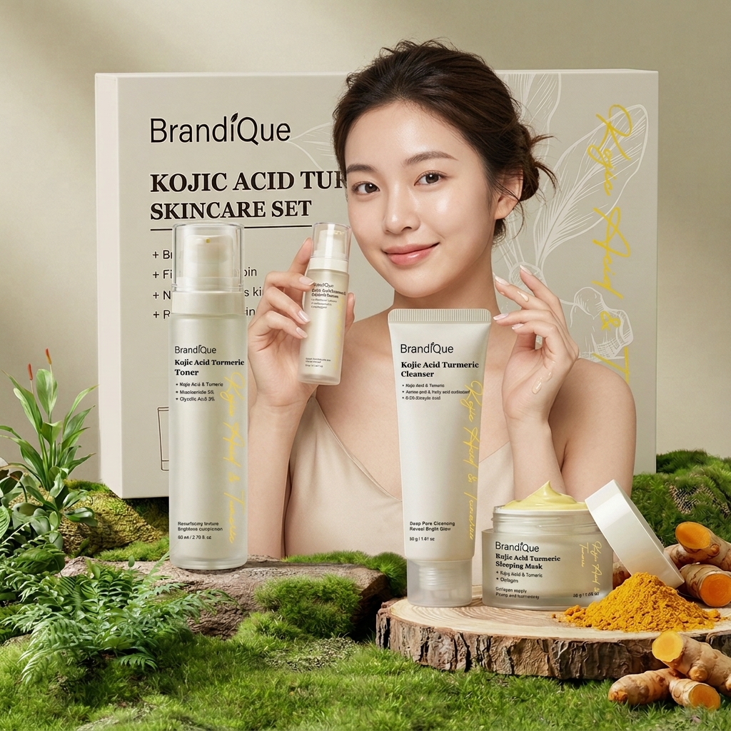 Private Label Kojic Acid Turmeric Skincare Set Niacinamide Glycolic Acid Serum Toner Cleanser Sleeping Mask Face Care