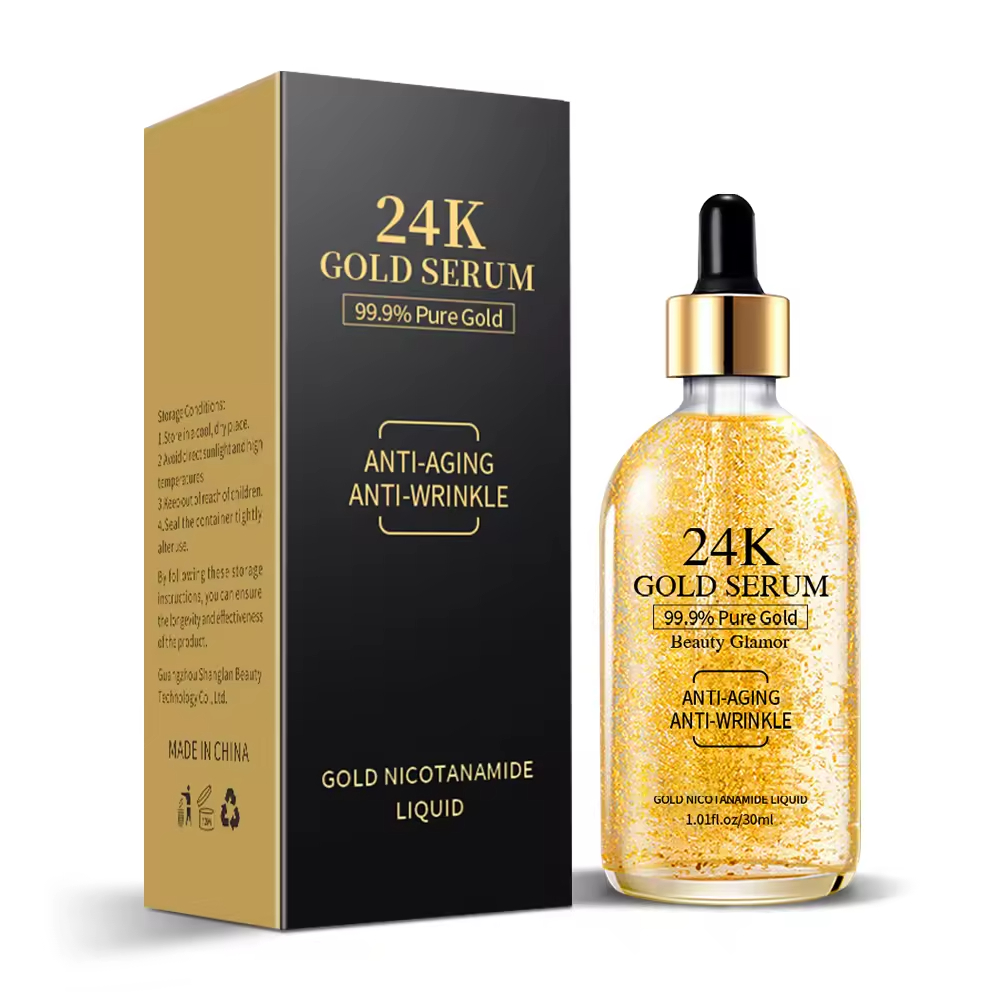 Wholesale Moisturizing Hydrating Nourishing Skin Care Gold Foil Anti-aging Anti-wrinkle 24K Gold Niacinamide Face Serum 30ml