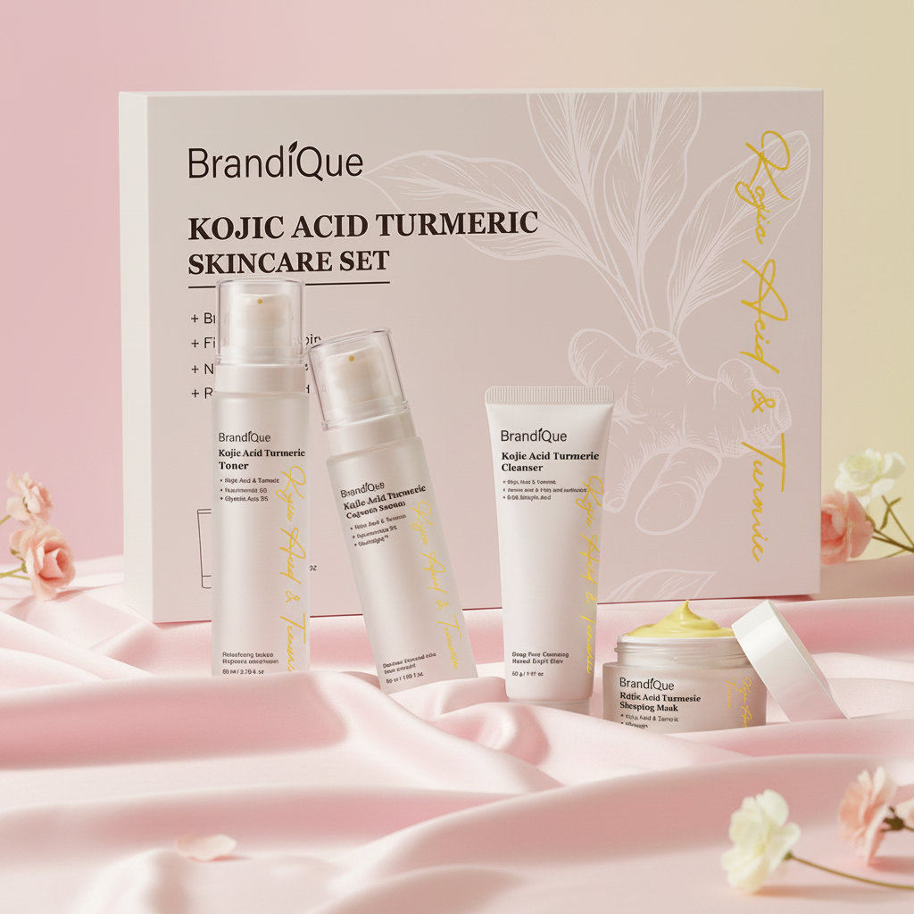 Private Label Kojic Acid Turmeric Skincare Set Niacinamide Glycolic Acid Serum Toner Cleanser Sleeping Mask Face Care