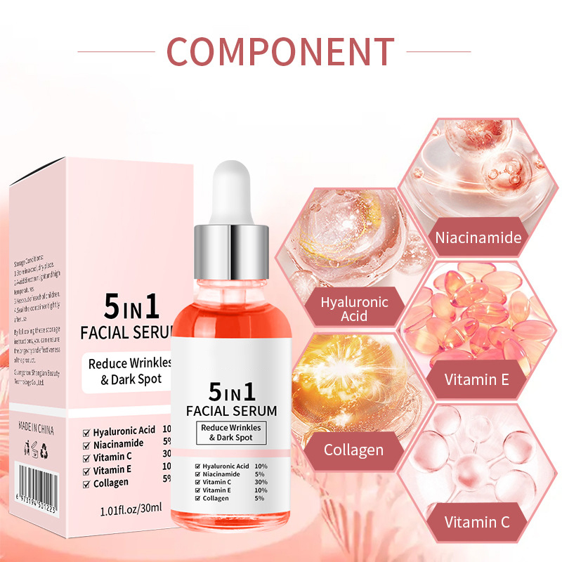 Private Label Wholesale Loq MOQ 30ML Reduce Wrinkles Dark Spot Moisturizing Hydrate Vitamin C Niacinamide 5 in 1 Facial Serum