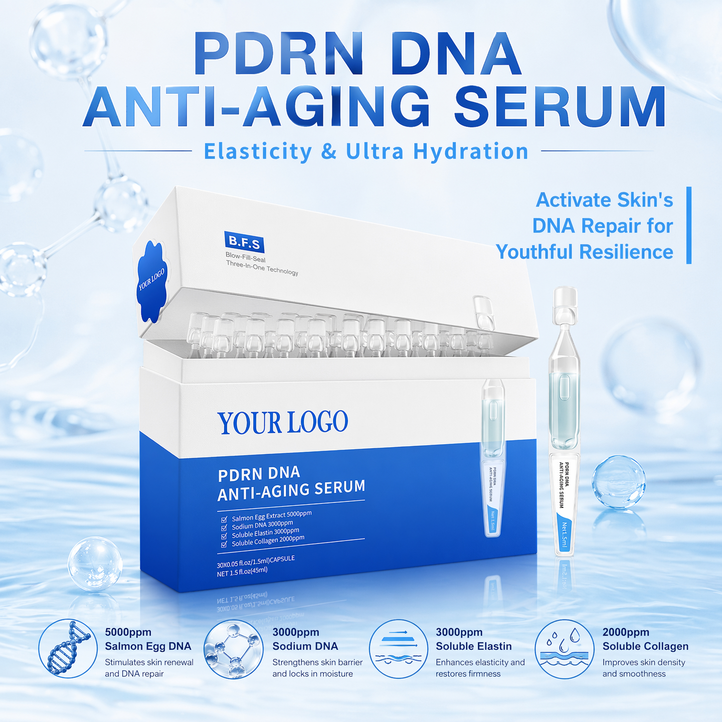 Patented 5000ppm PDRN Salmon DNA Serum BFS Aseptic Filling Anti Aging Wrinkle Firming Barrier Repair Skincare OEM Manufacturer