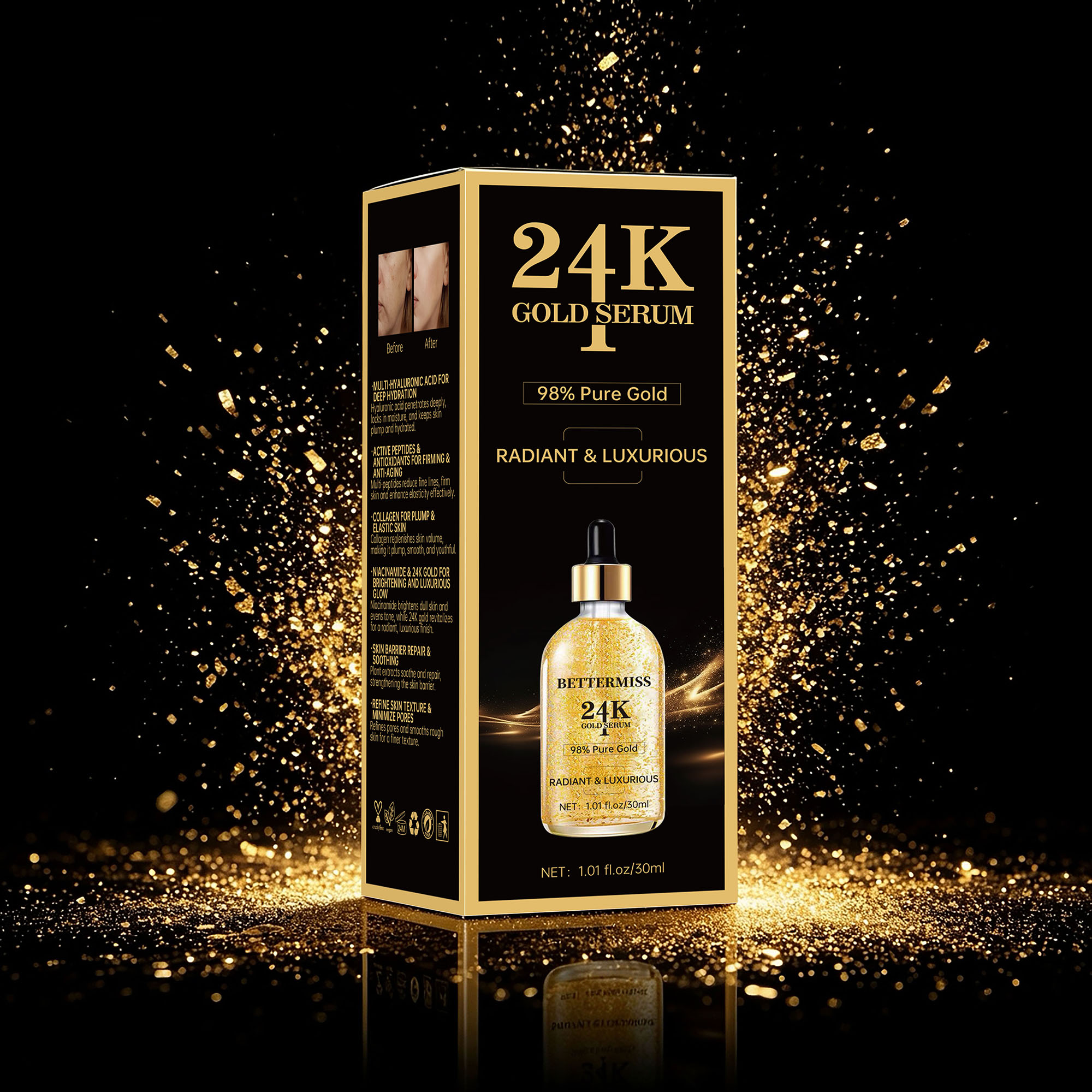 High Quality 24k Gold Serum Peptide Anti-Wrinkle Hyaluronic Acid Facial Skincare Beauty Niacinamide Skin Care Serum For Face