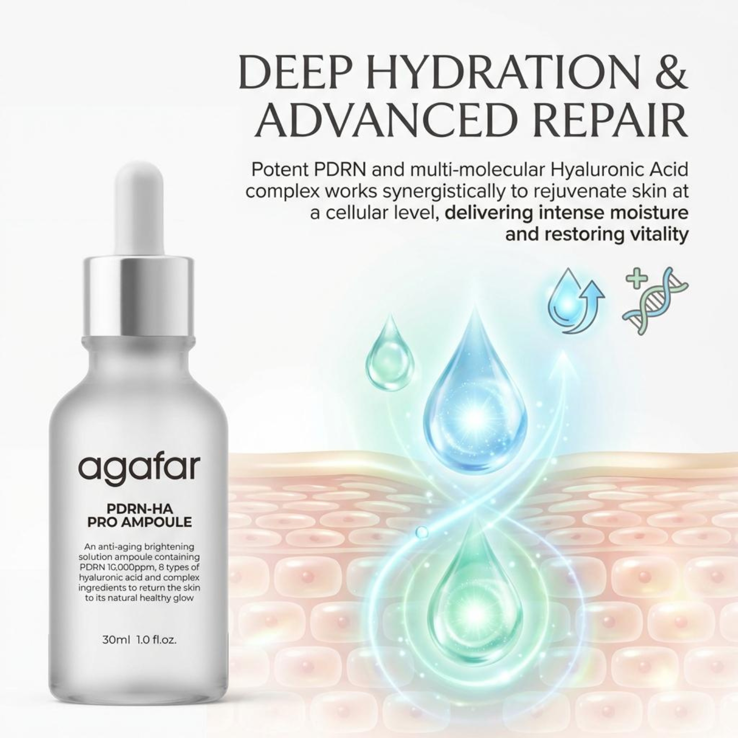 PDRN Salmon DNA 100% Pure 10000ppm Hyaluronic Acid Anti Aging Pore Shrinking Whitening Moisturizing Liquid Face Serum 30ml