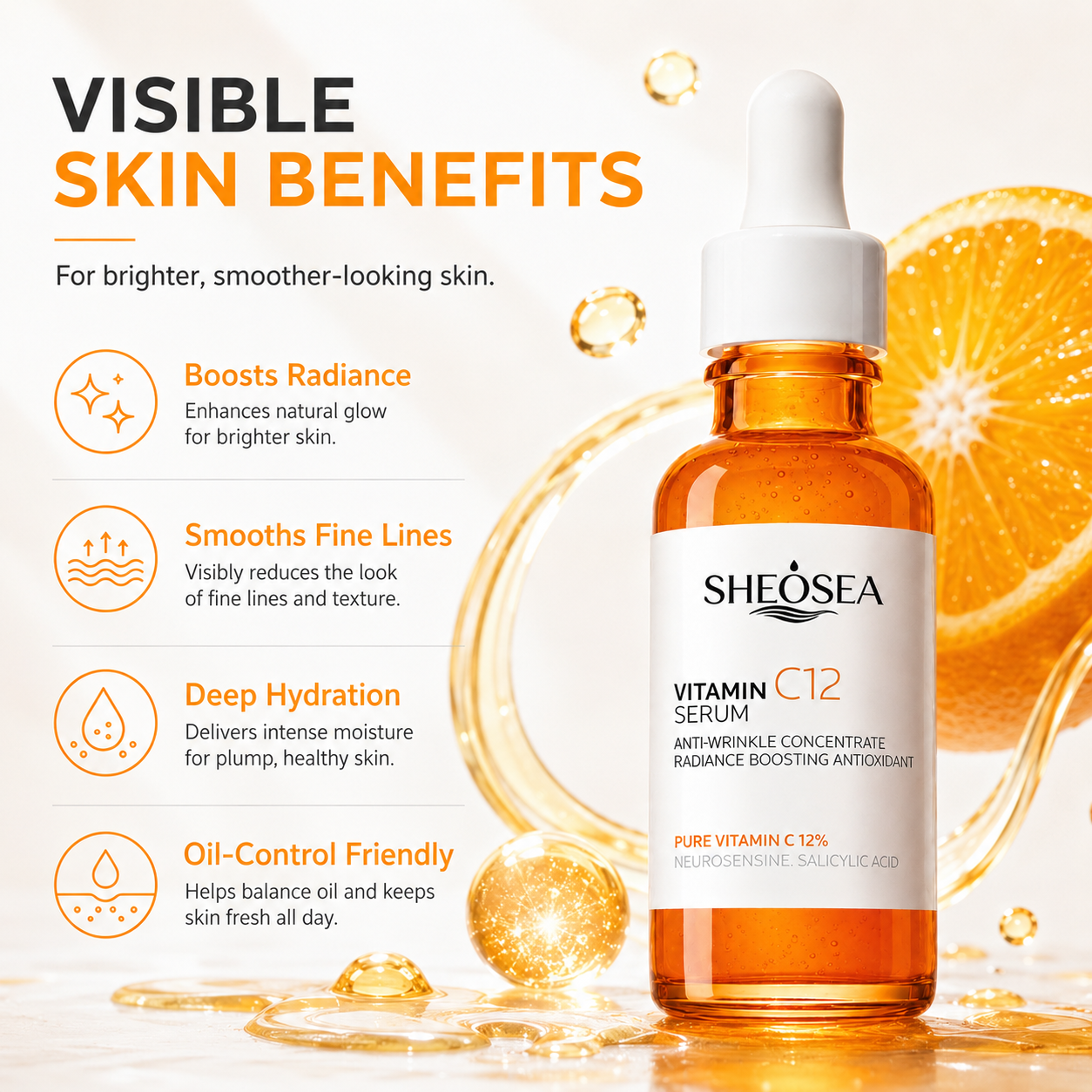 SHEOSEA 12% Vitamin C12 Serum Anti Wrinkle Radiance Boosting Antioxidant Facial Skin Care Concentrate