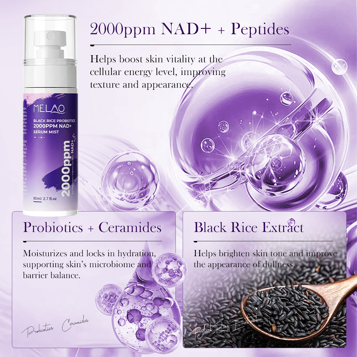 OEM Black Rice Probiotics 2% NAD+ Ultra-Fine Mist Serum Hydrating Plumping Barrier Repair Sensitive Skin Ceramide Skincare Vegan