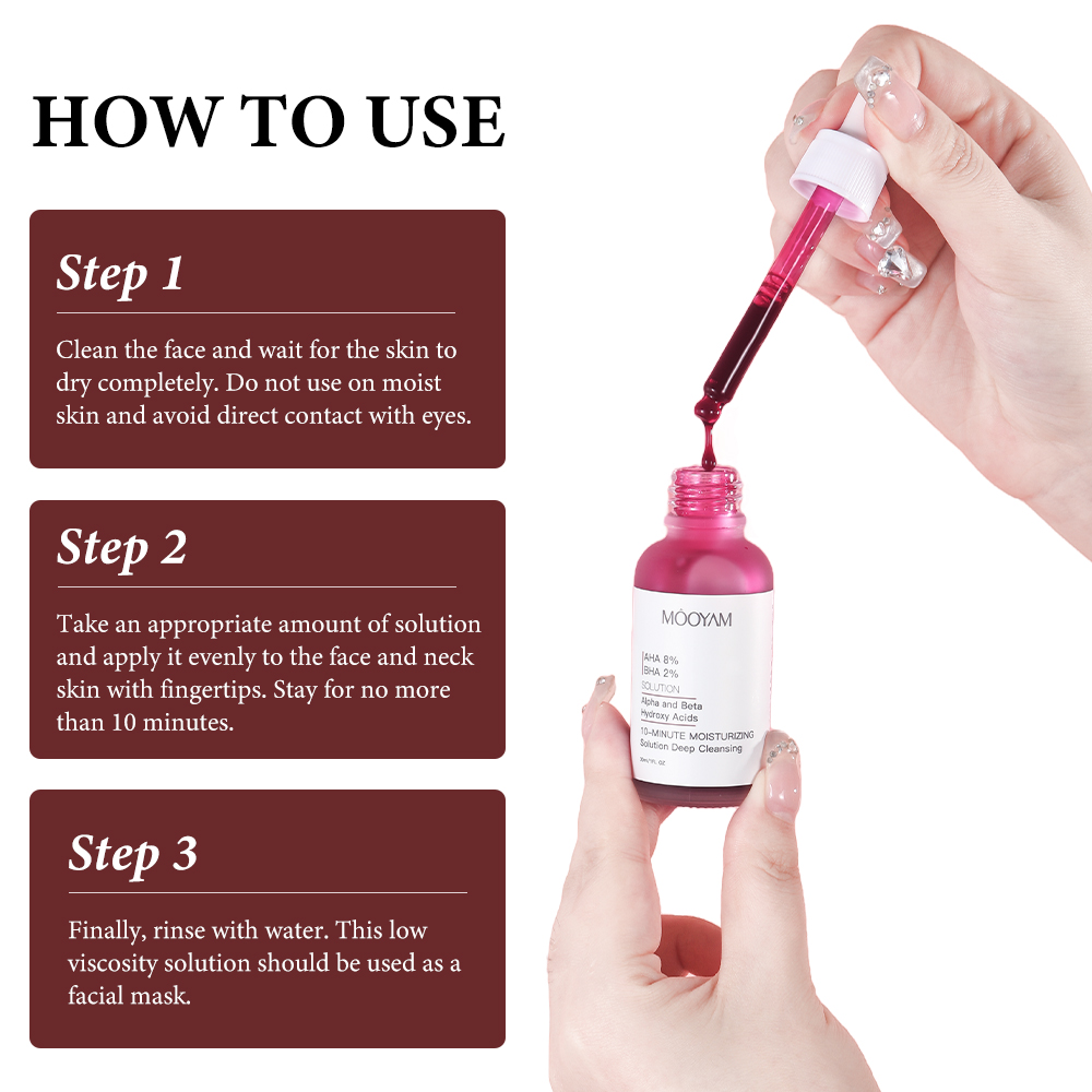 Hot Sale 10-minutes Exfoliating Solution Deep Peeling 8% AHA+ 2%BHA Face Serum Private Label OEM MOOYAM Beauty Facial Serum