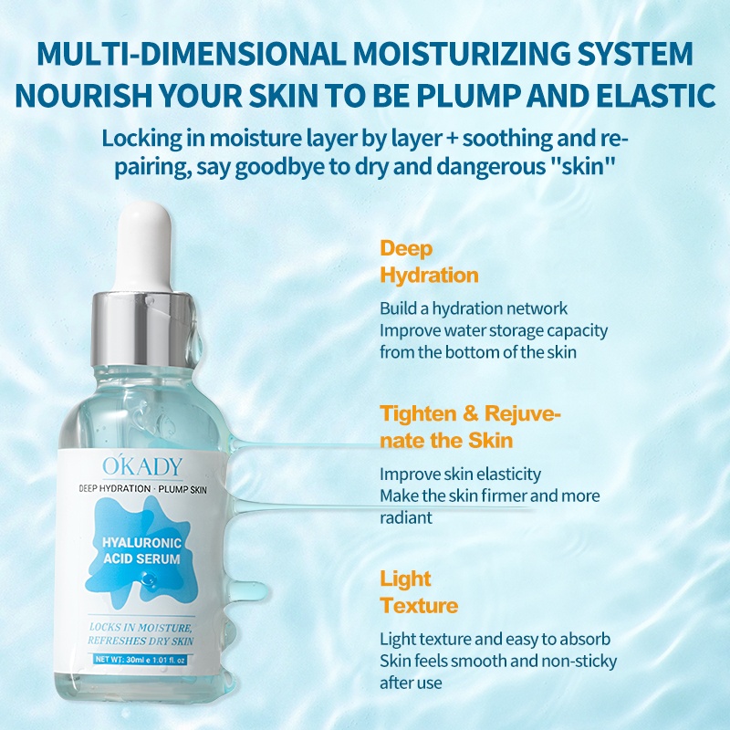 O'KADY Hyaluronic Acid Moisturizing Serum 30ml | Lightweight Facial Essence | Nourish &amp; Restore Skin Elasticity OEM Wholesale