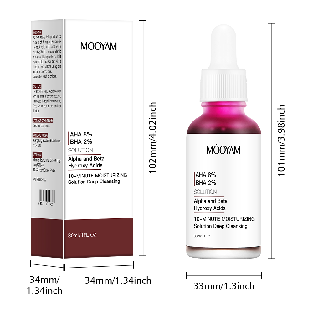 Private Label OEM AHA 8%+BHA 2% Face Serum Direct Factory 10-minutes Exfoliating Solution Deep Peeling 30ml MOOYAM Facial Serum